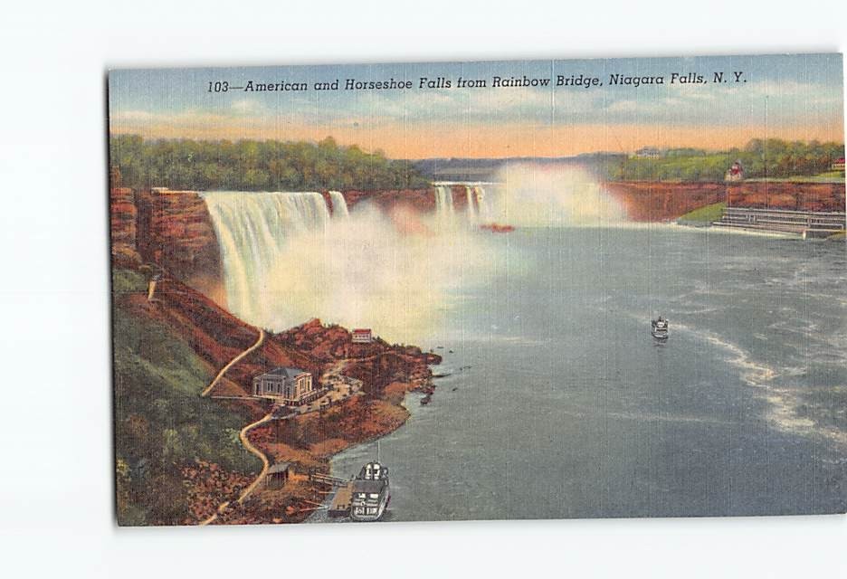 Postcard American and Horseshoe Falls from Rainbow Bridge Niagara Falls New York
