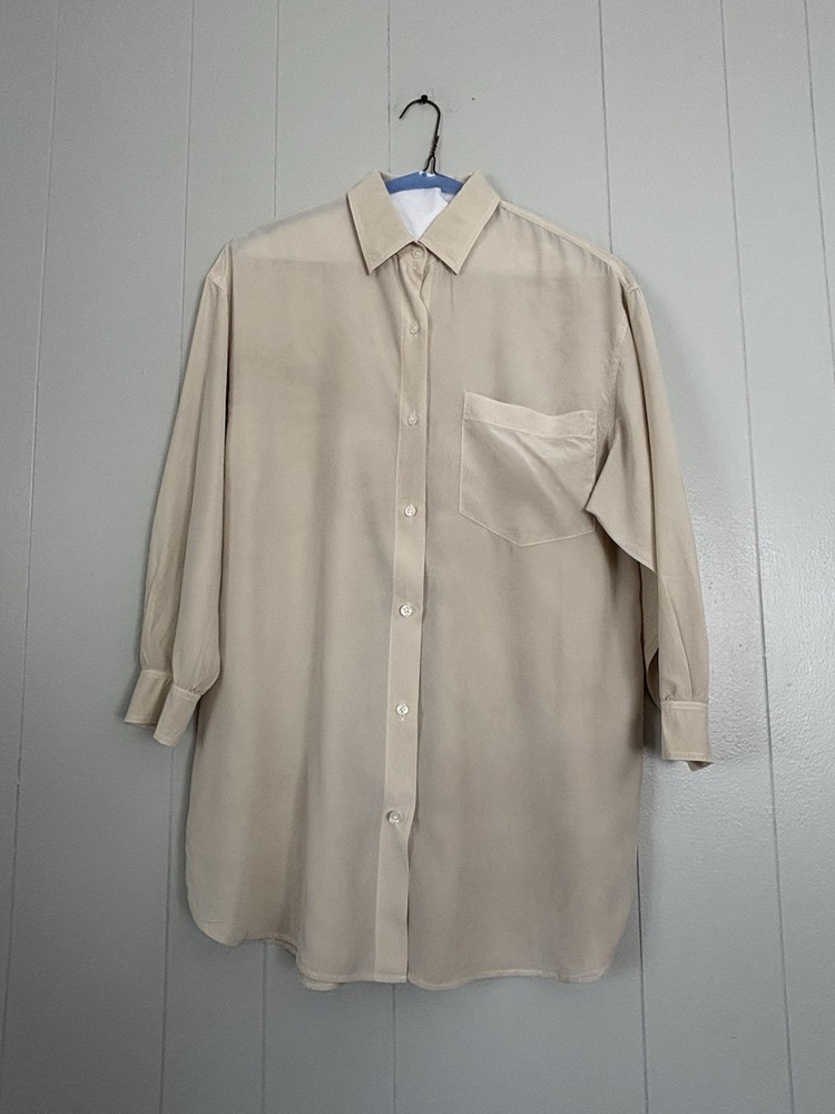 DKNY 100% Silk Cream Collared Button-Up Blouse Long Sleeve Size P/S (fits M/L)