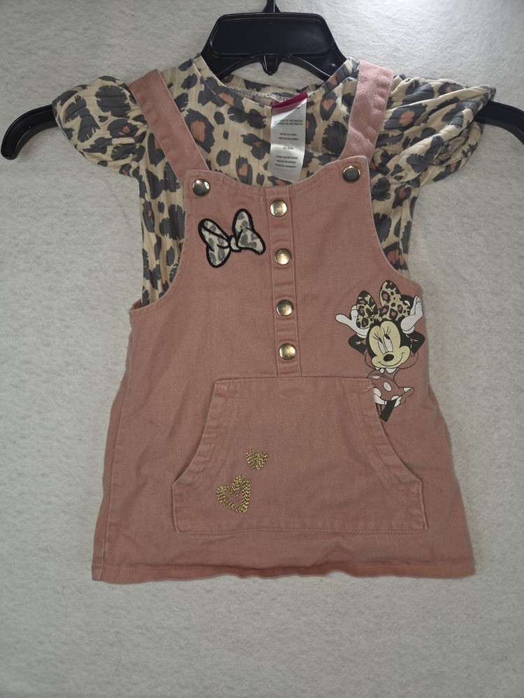 Disney Baby Girl 2 piece, Minnie Mouse, Leopard Print Short and Overall Dress.
