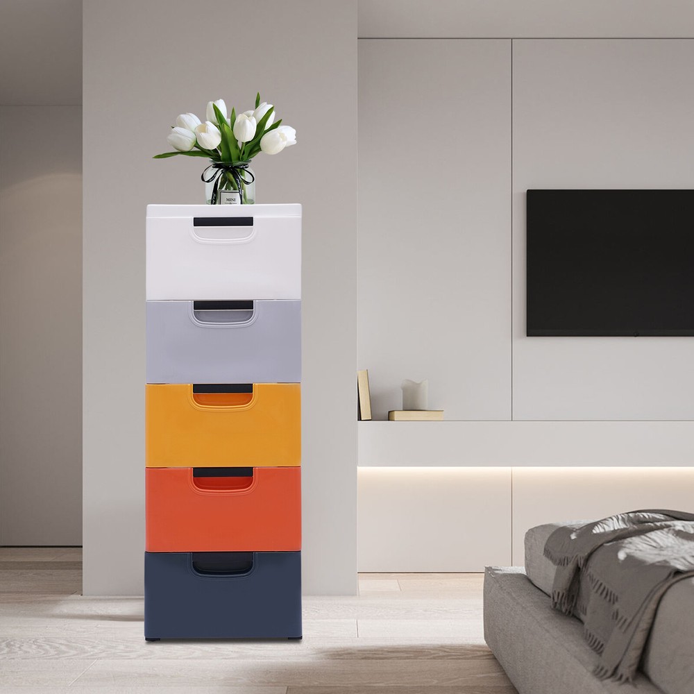 4 Wheel Drawers Dresser Morandi Plastic Clothes Storage Cabinet Stackable 5Layer