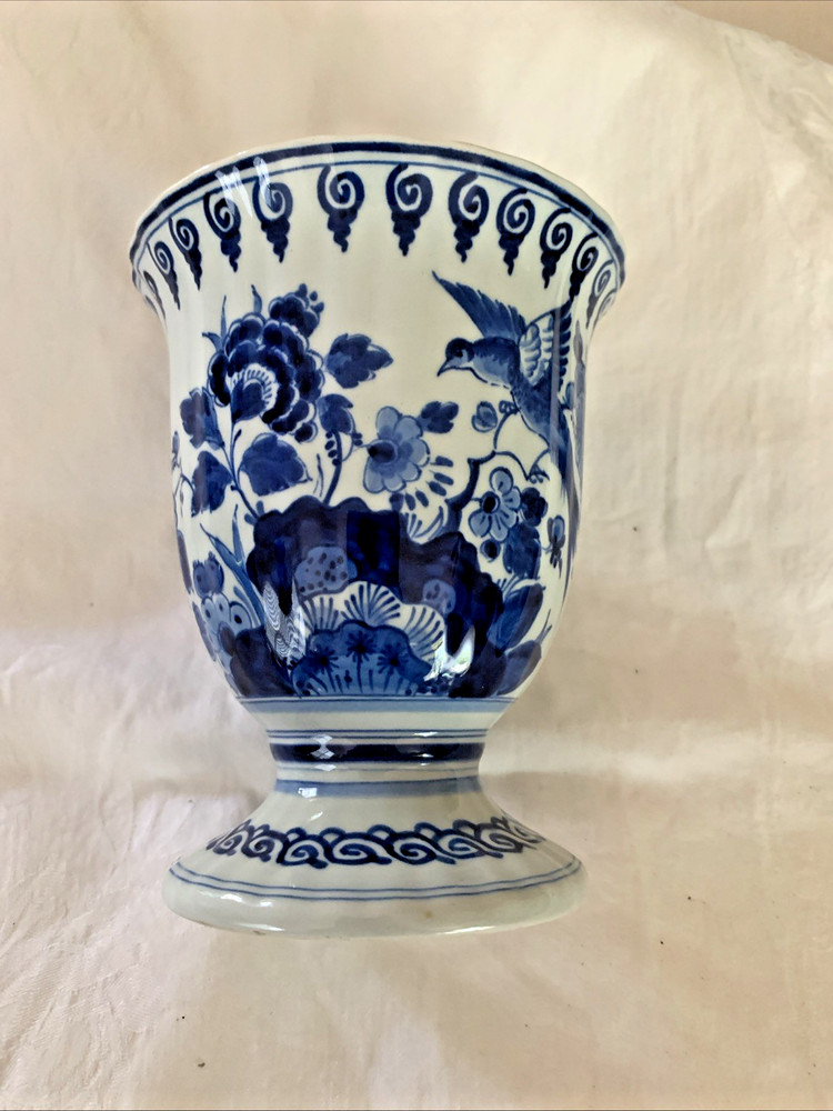 Vintage Royal Delft Hand Painted Blue/White Floral & Bird Vase