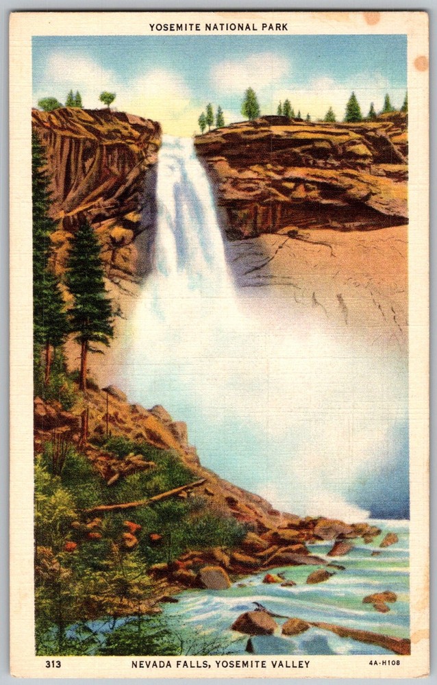 Vtg Linen Postcard Nevada Falls Waterfall Yosemite Valley, CA 1930s
