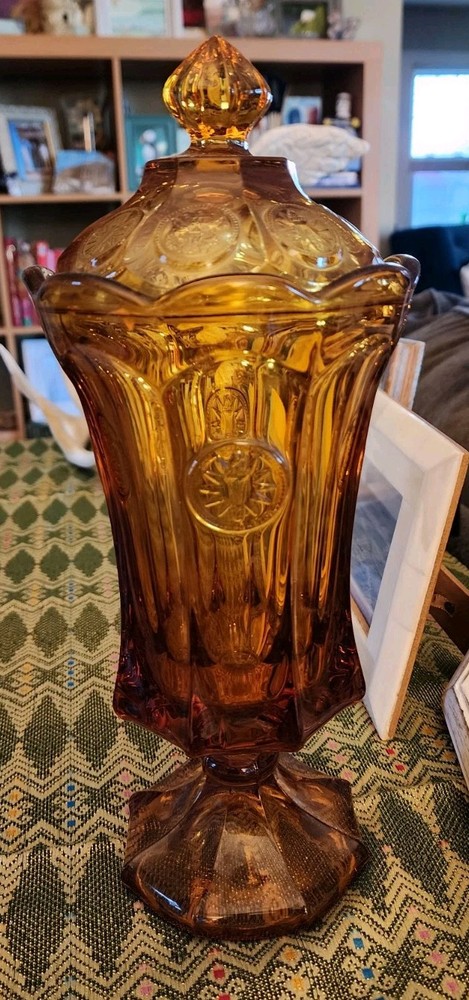 VINTAGE Fostoria Liberty Amber Art Glass Coin Design Tall Lidded Candy Dish 13