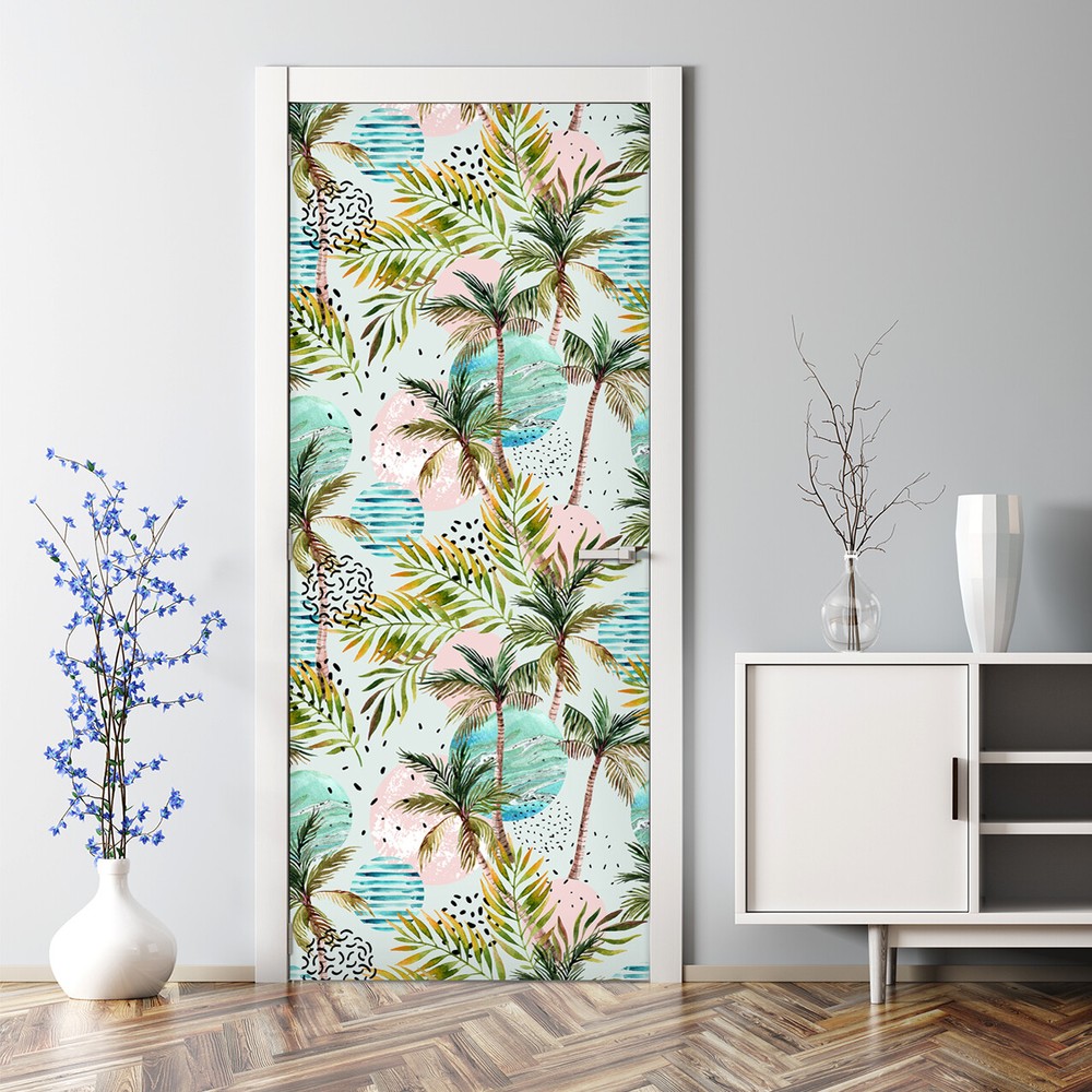 Abstract Summertime Bubble Free | Hawaii Palm Trees | Watercolour | Door Sticker-image