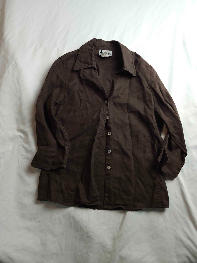 David N Blouse Top Womens Small Brown Linen Button Front Long Sleeve Collared