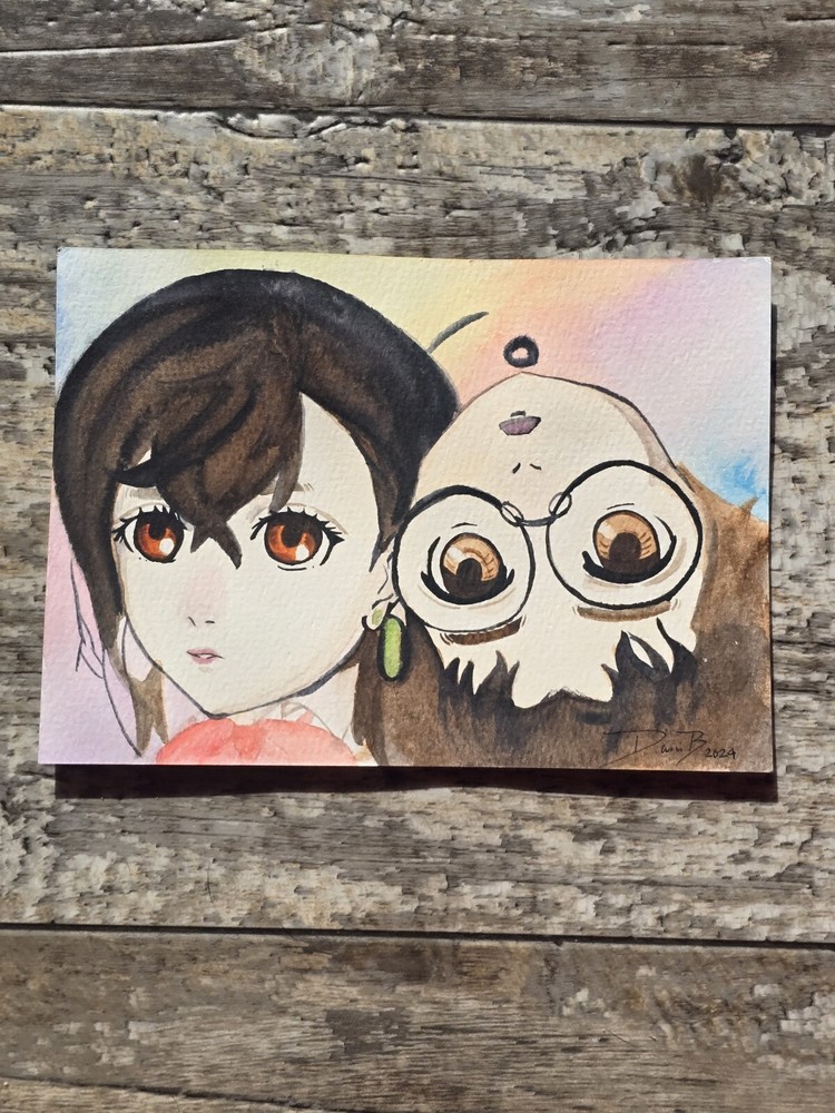 Momo & Okarun Original watercolor painting, 5x7 signed