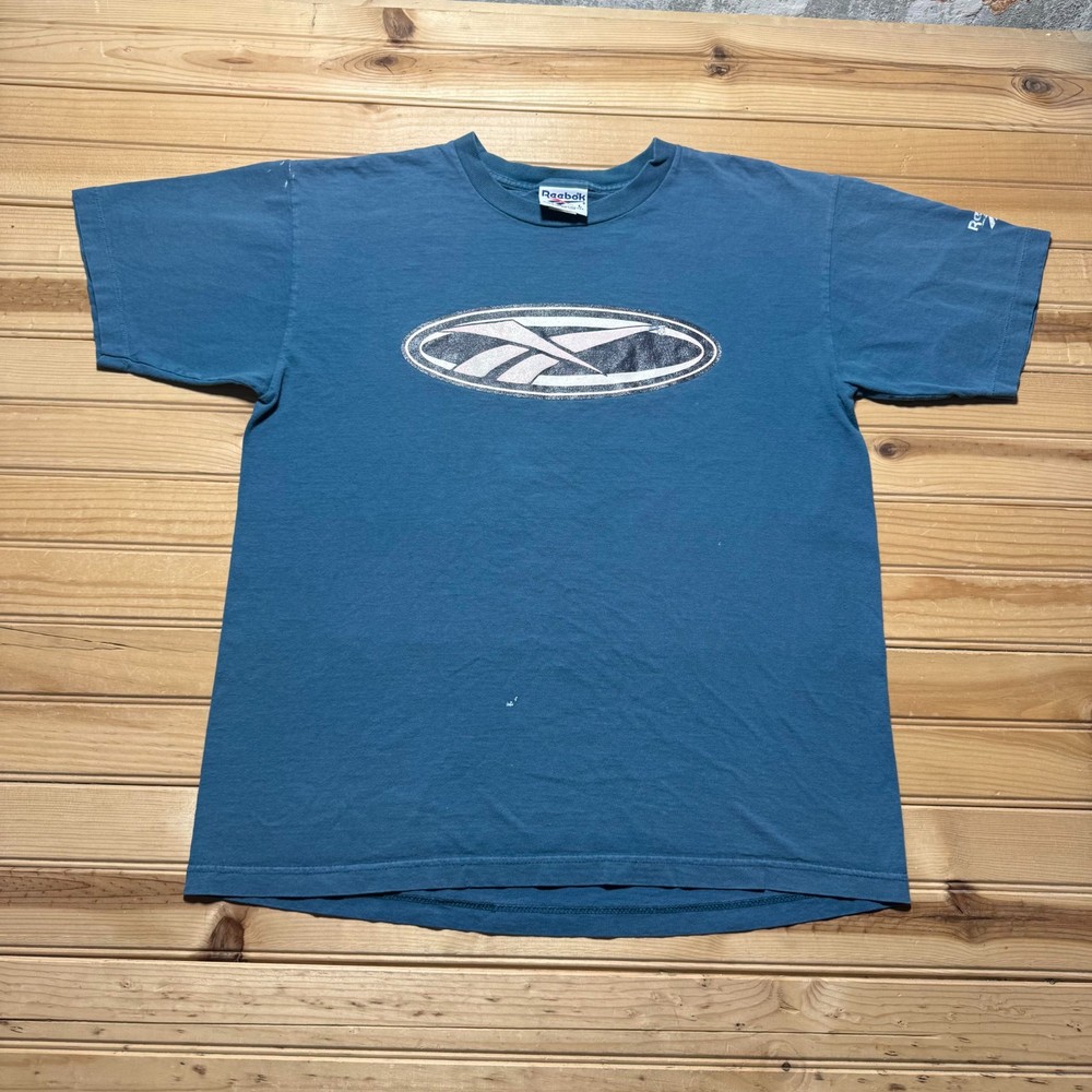 Vintage 90s Reebok Center Logo Graphic Sports Short Sleeve T-Shirt USA - Large