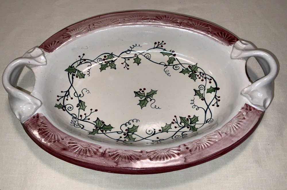 Cagle Road Pottery Seagrove NC Art Pottery Serving Bowl W/Handles~Holly Berries