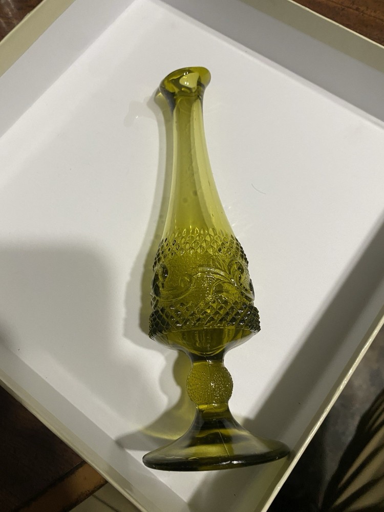 Vintage Amber Yellow Glass Swung Pulled Glass Vase Bud Slim Diamond Point MCM