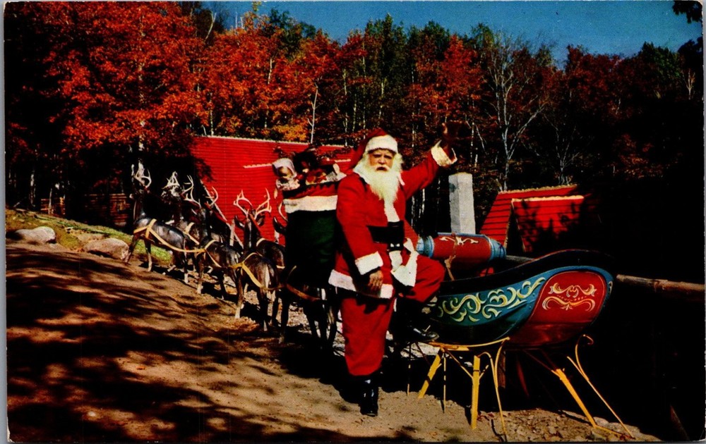 Santa's Workshop Cascade CO Postcard - Santa, Sleigh & Reindeer 1957