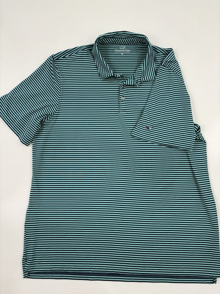Vineyard Vines Men’s XL Green Striped Performance Polo Golf Shirt Whale Logo