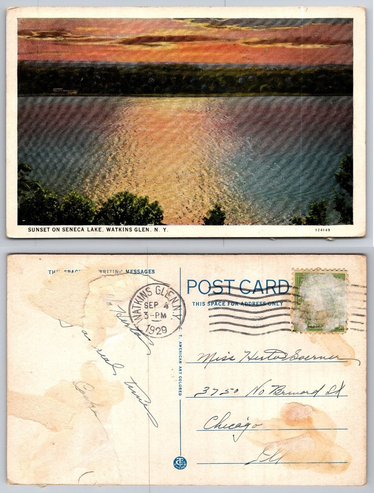 1929 Sunset on Seneca Lake Watkins Glen NY American Art Postcard