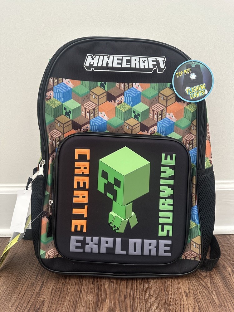 Minecraft Creeper School Backpack 17 Green Black Kids Bag Light Up New