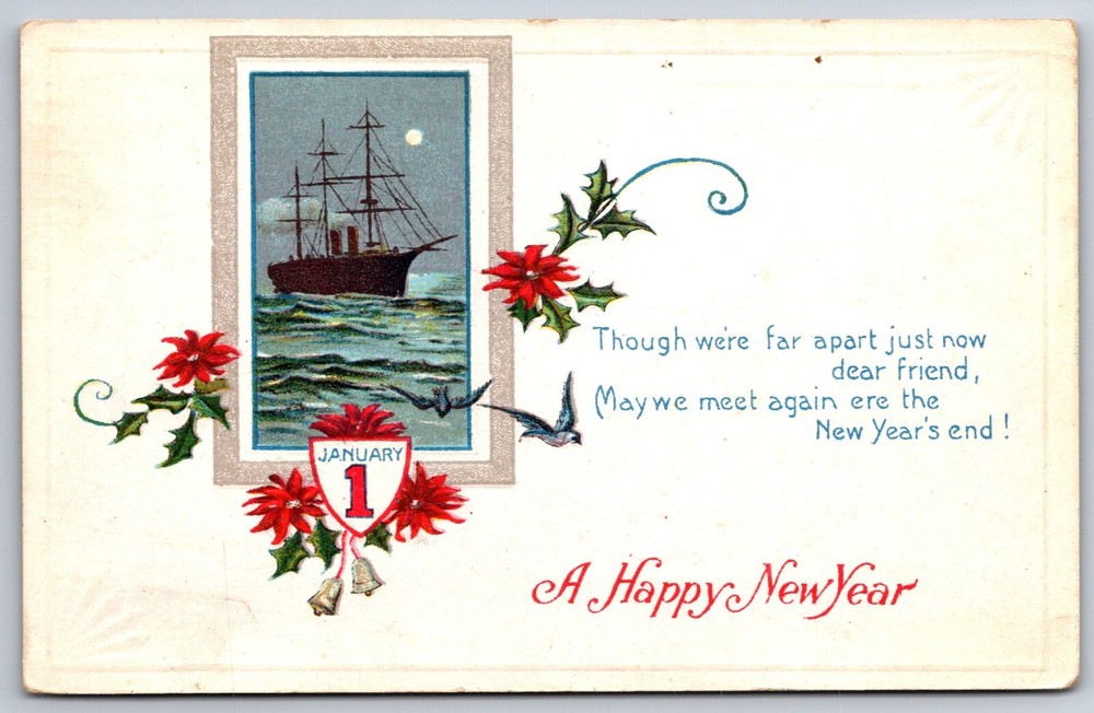 Holiday~Happy New Year~Sail Ship & Moon In Frame W/ Poinsettias~Vintage Postcard