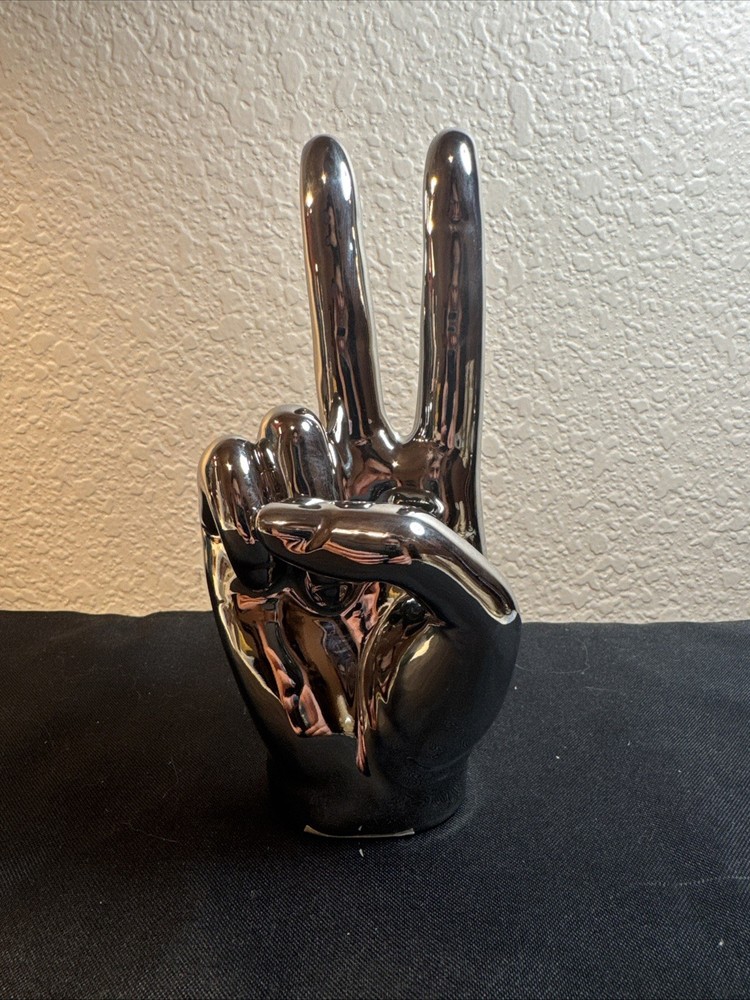 Silver Hand Art Sculpture Peace Sign Home Decor Book End Paperweight Modern 7”