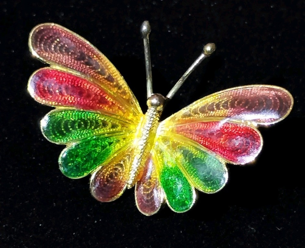 925 Sterling Silver Vermeil BUTTERFLY Rainbow Enamel Filigree Vintage Brooch