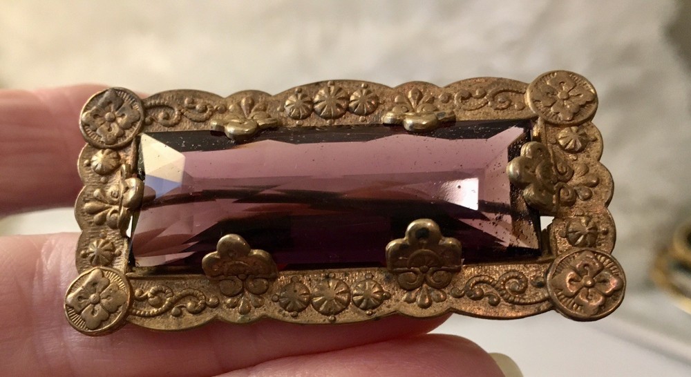 Czechoslovakia Art Nouveau Amethyst Glass Sash Pin Brooch Antique C Clap