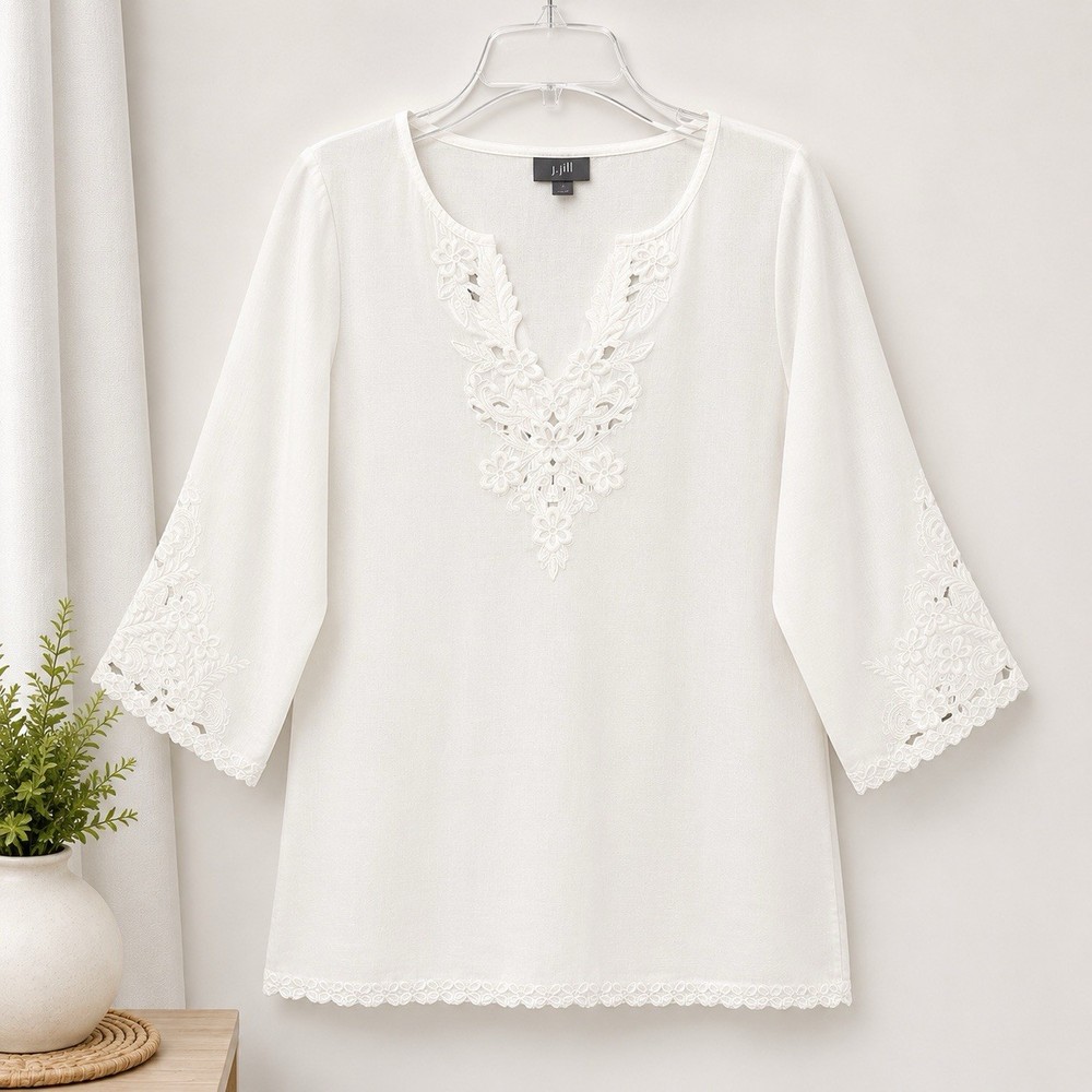 J. Jill White Blouse Tunic Embroidered Linen Blend Floral XS Top Coastal Beach