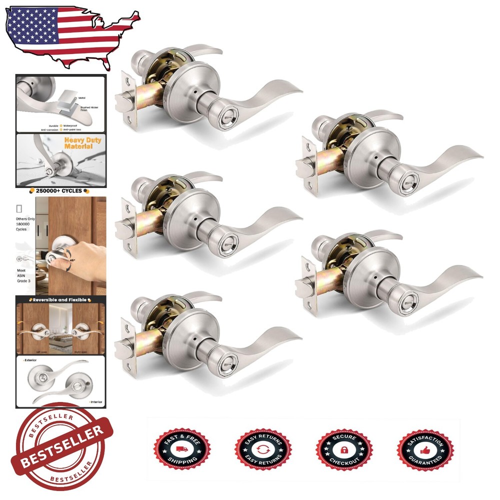 Reversible Satin Nickel Door Levers for Bedroom & Bathroom - 5 Pack Privacy Set