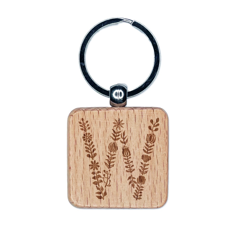 Elegant Botanical Floral Letter W Engraved Wood Square Keychain Tag Charm