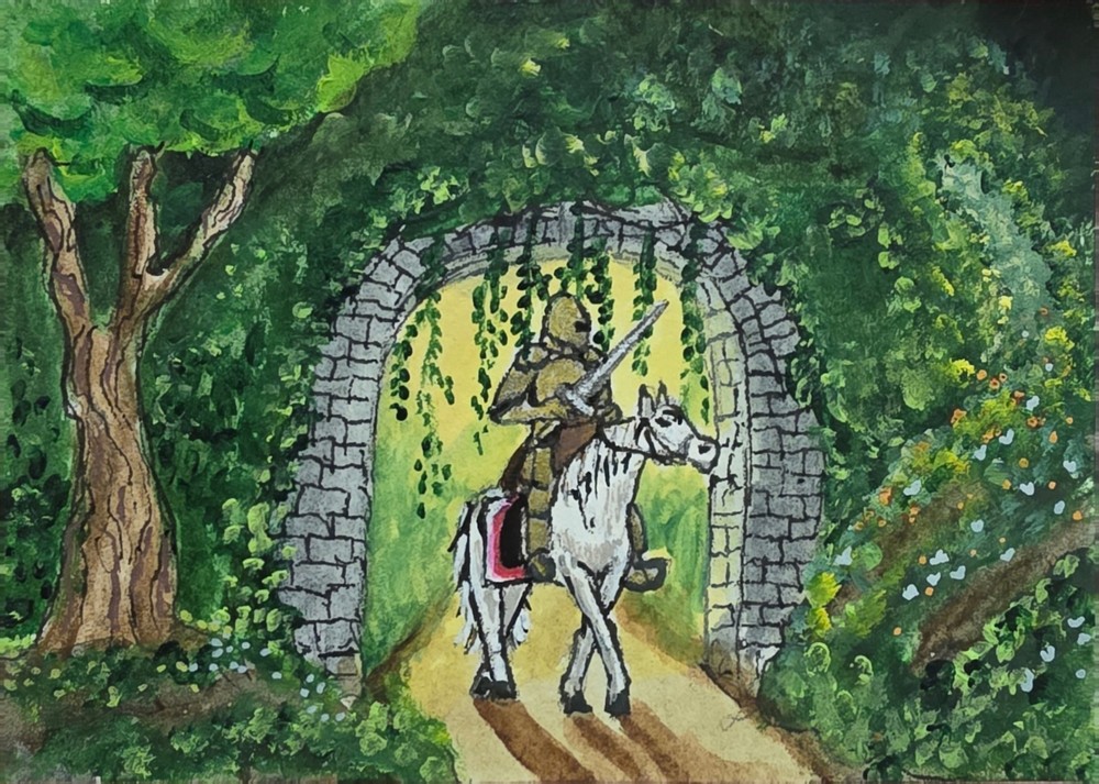 ACEO Original Knight on Horse Under Stone Archway Forest Painting, Illustration