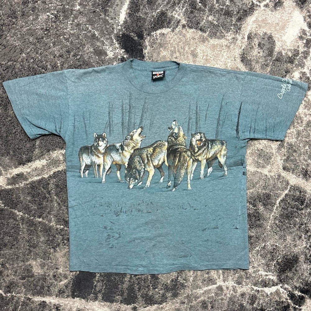 Vintage Nature Shirt Mens Large 90s Wolf Single Stitch All Over Print Wolves