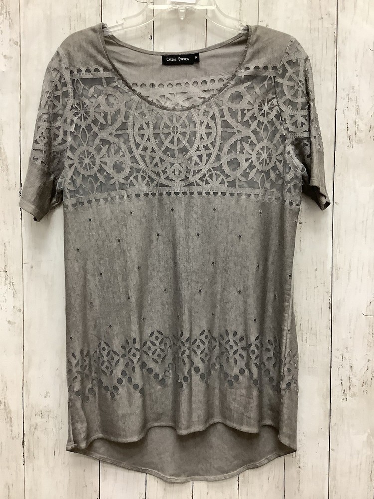 Casual Express Medium Gray Top with Crochet Lace Yoke & Intricate Eyelet Hem