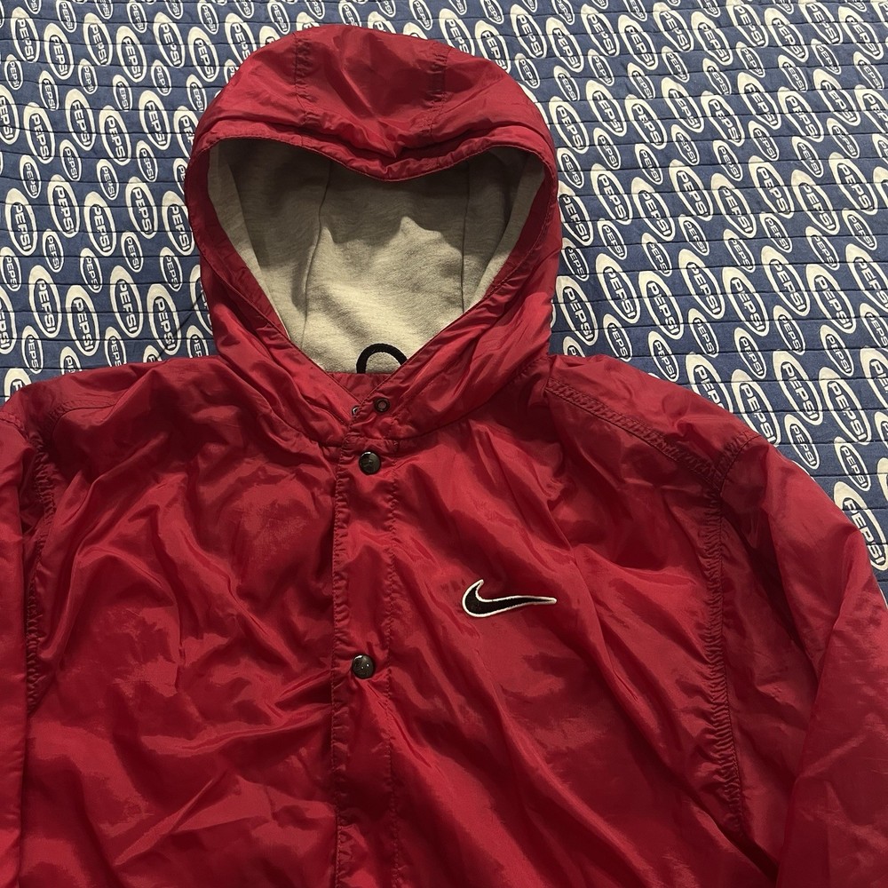 Vintage 90s Nike Button Satin Windbreaker Hooded Jacket Size Medium Red Mens