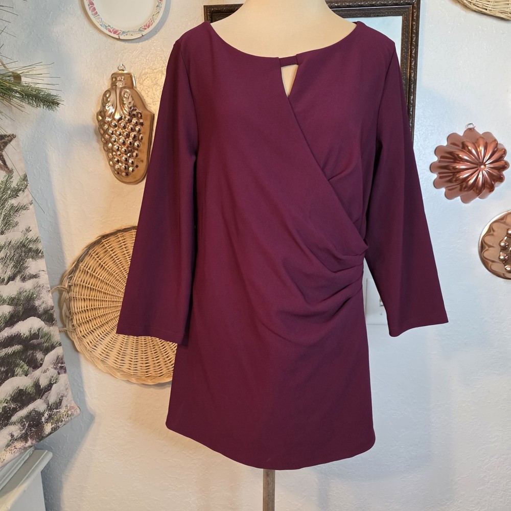 Boston Proper M Plum Burgundy Ruched Waist Keyhole Faux Wrap Women's Blouse