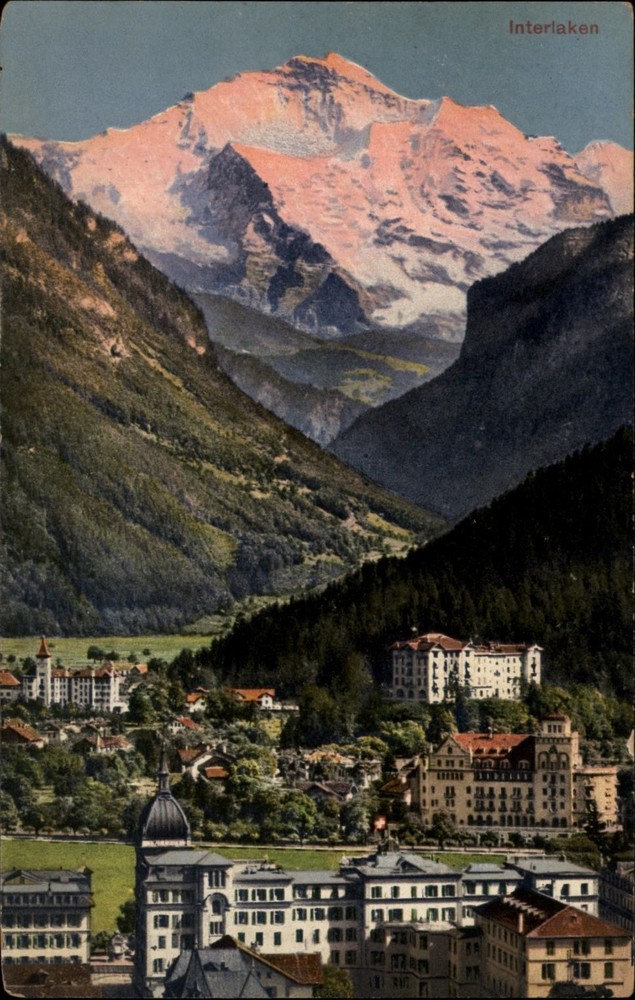 Jungfrau Mountain Interlaken Switzerland view vintage postcard c857