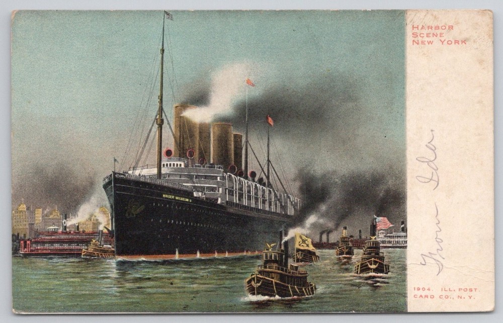 1904 SS Kaiser Wilhelm II Ocean Liner New York Harbor Vintage Postcard