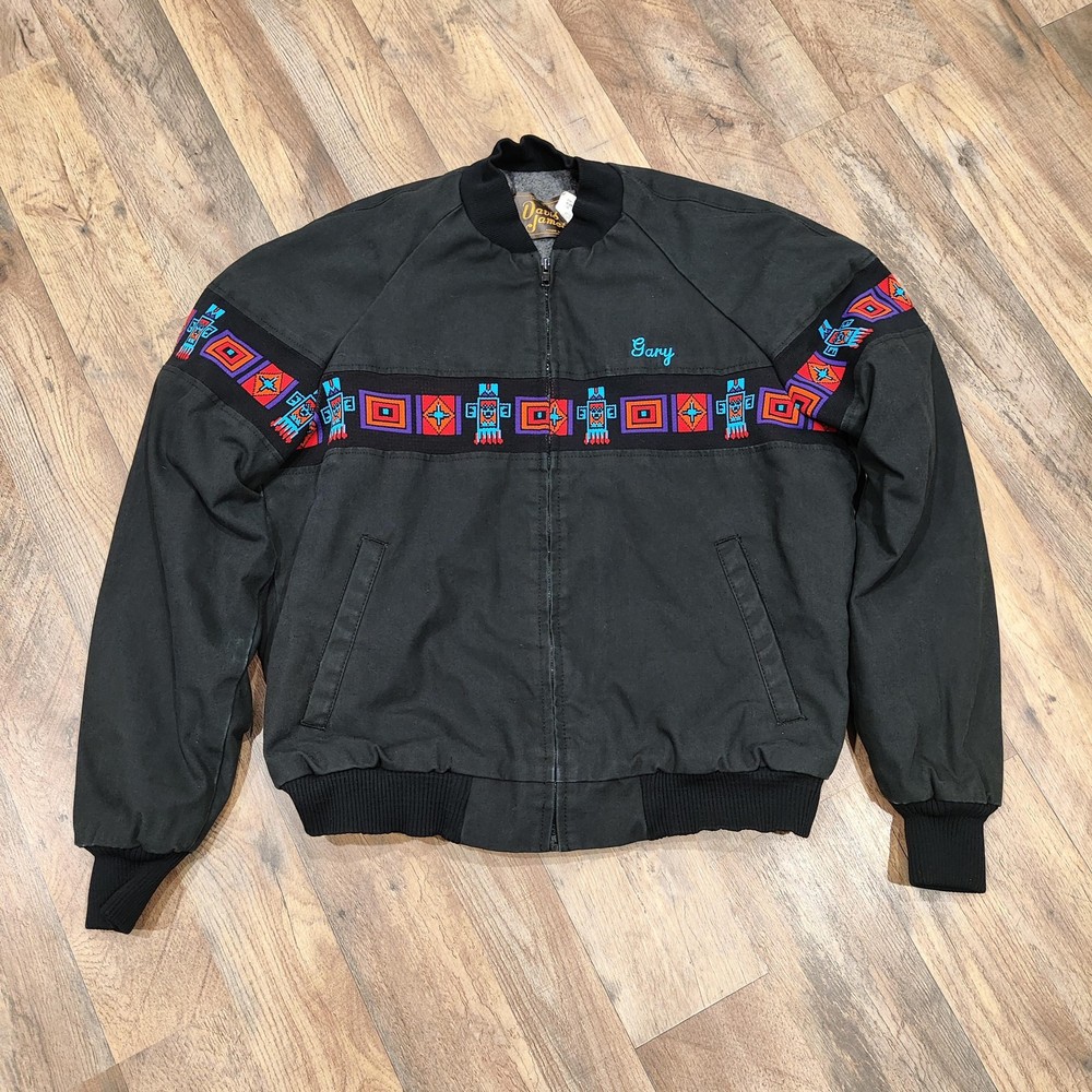 Vintage David James Jacket Mens Medium Black Aztec Southwestern Bomber USA 80s