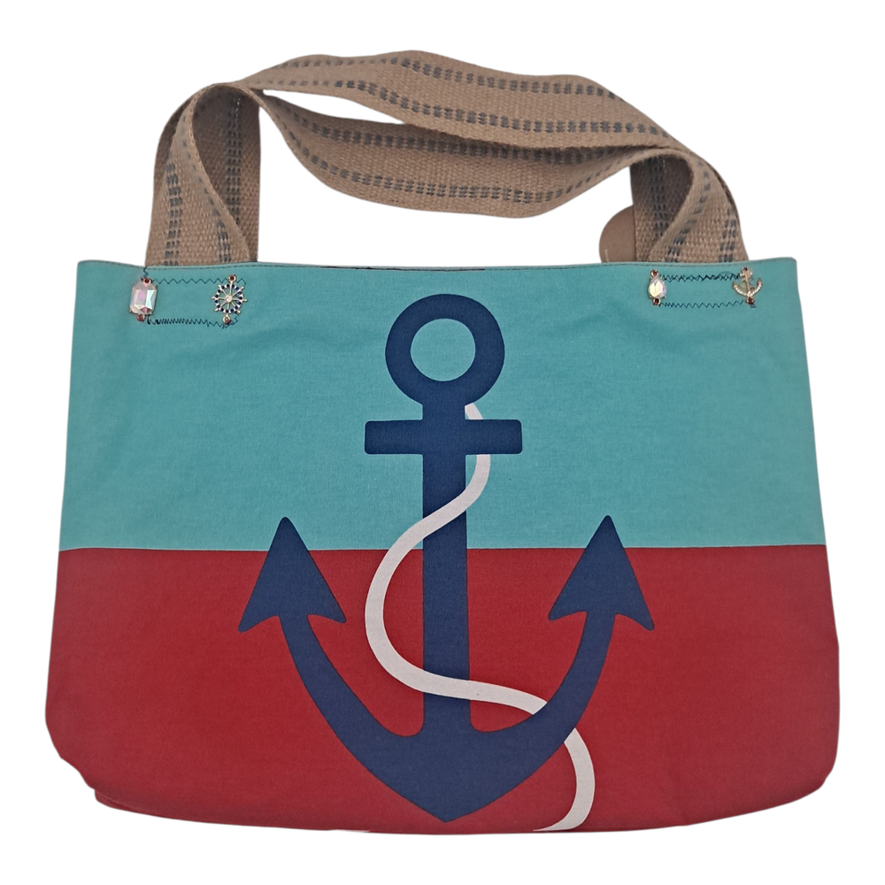 Unique Handmade Nautical Beach Tote Bag with Anchor Charm in Red & Blue