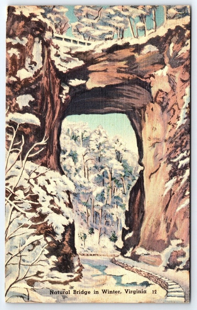Natural Bridge In Winter Seven Wonders Of The World Virginia Vtg Linen Postcard