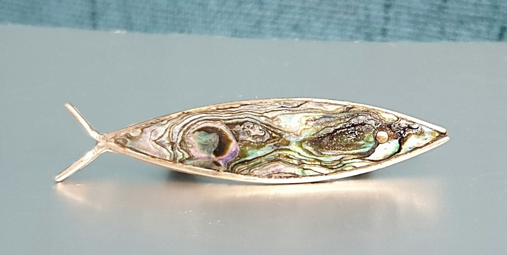Vintage Taxco Navajo 925 Sterling Silver w/Inlaid Abalone Fish Pin/Brooch