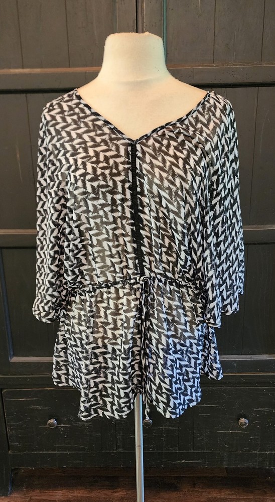 a.n.a Black White Sheer Elastic Waist Top Kimono Sleeve Women's XL Pre-owned EUC