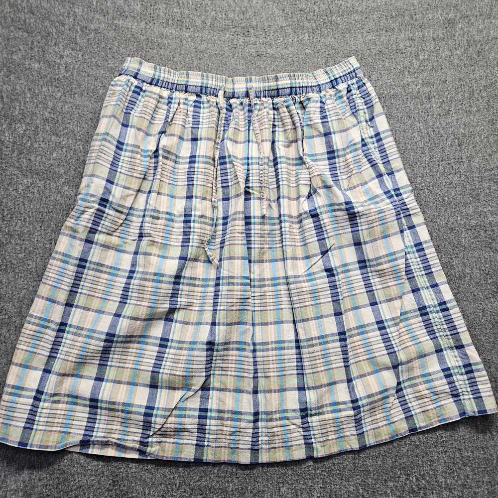Orvis Vintage Plaid Skirt Women's Large Blue Cream Beige Green Stretch Pockets