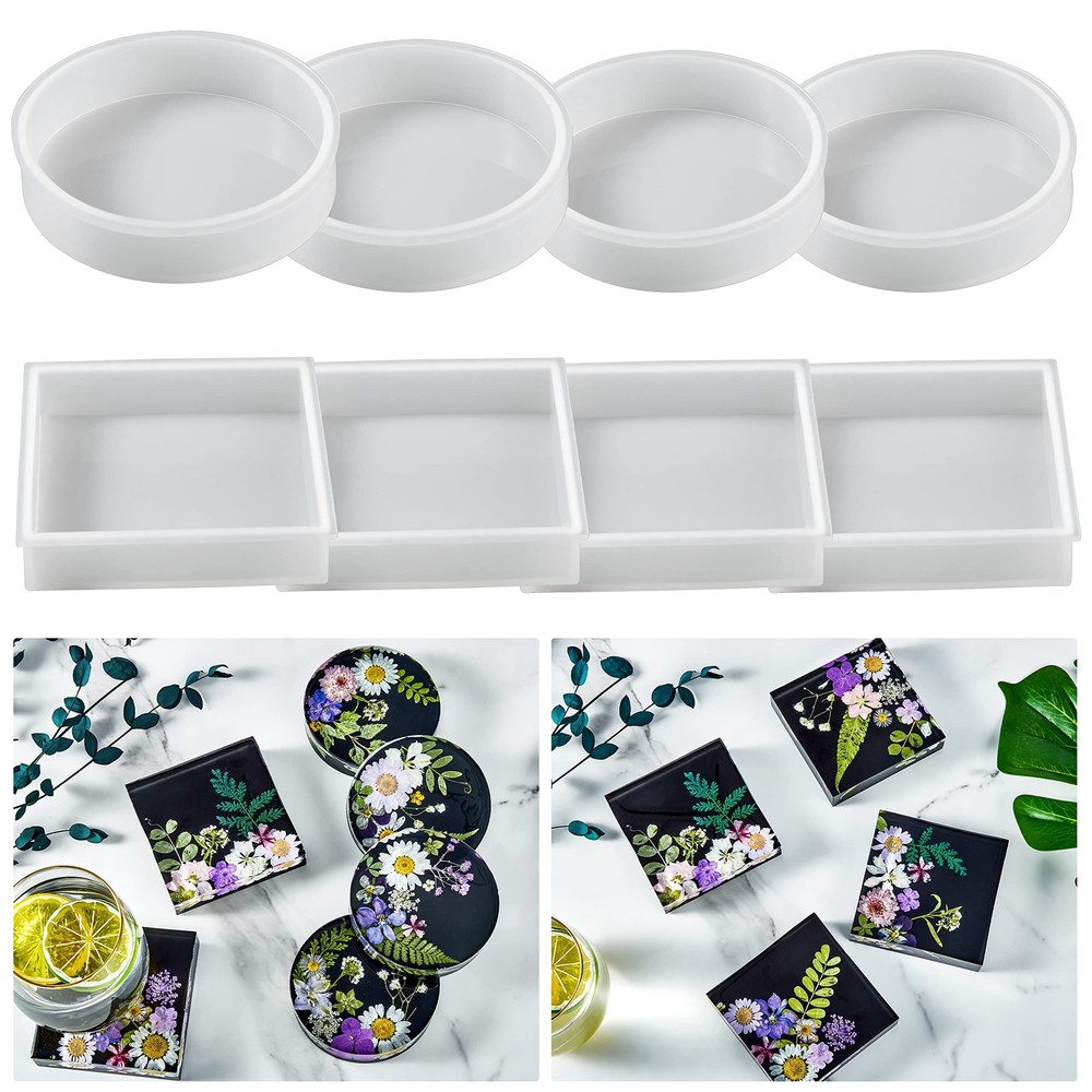 8Pcs Square & Round Thick Silicone Resin Coaster Molds Set for Crafts