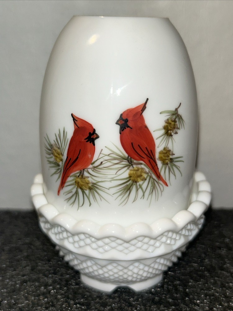 Vintage Fenton Art Glass Hand Painted Cardinals on White Milk Glass Fairy Lamp
