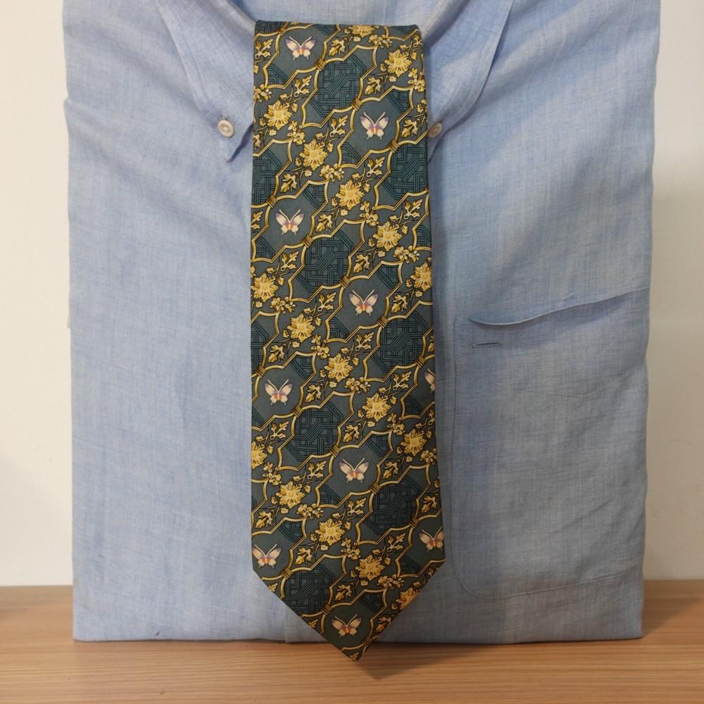 Neck Tie Mens Blue Gold Silk Victorian Flower Butterfly Luxury JAPAN HANAE MORI