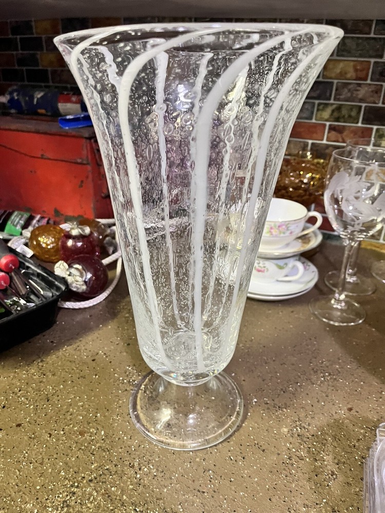 Hand-Blown Clear Art Glass Vase with White Swirls and Controlled Bubbles, 12 Inches Tall