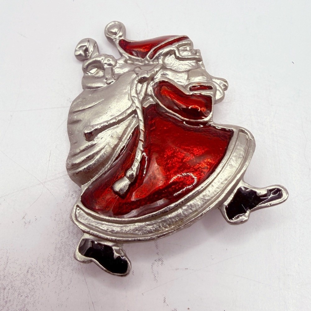 Santa Claus Christmas Brooch Red Enamel Silver Tone Holiday Pin