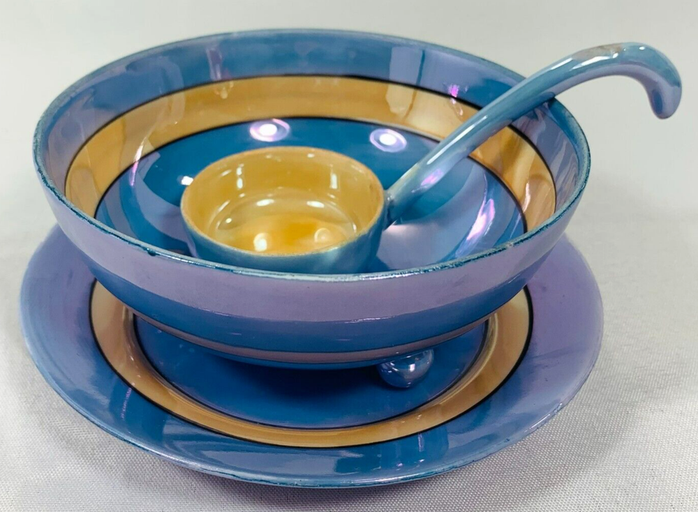 Vintage Japanese Lusterware 3pc Hand Painted Peach Blue Tea Coffee Set