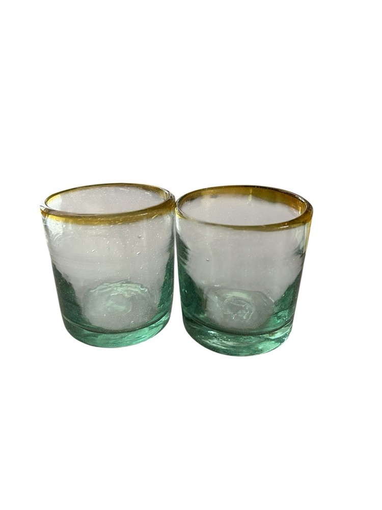 Hand Blown Mexican Rock Glasses Amber Rim 8 Ozs Set Of 2
