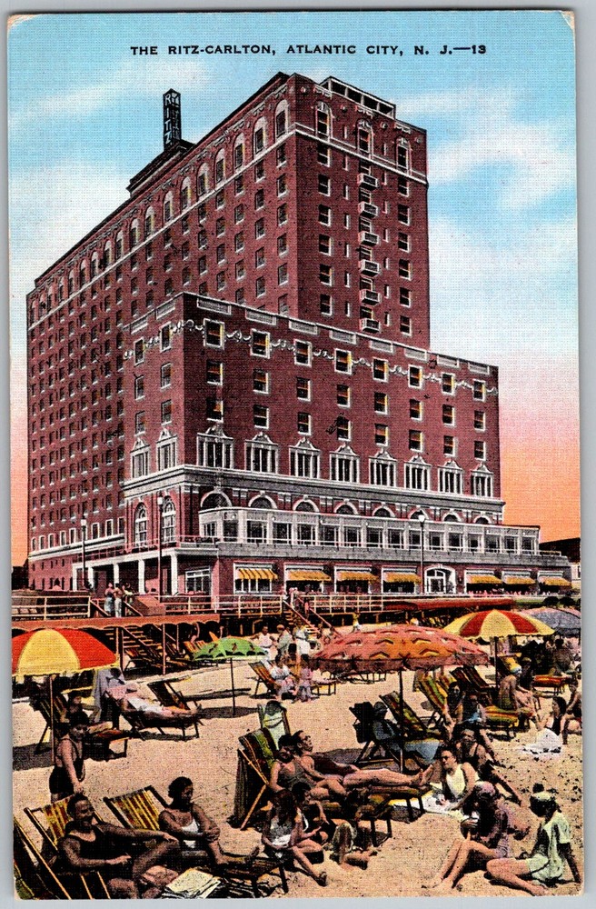 Vtg Linen Postcard Ritz-carlton Hotel Beach Atlantic City, NJ 1930s