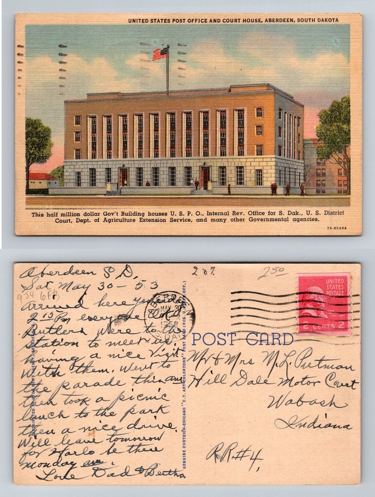 Aberdeen SD-South Dakota U.S. Post Office and Court House Vintage c1953 Postcard