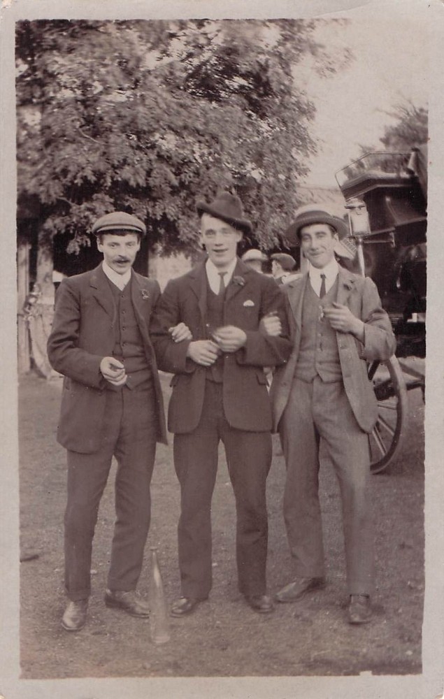 Antique RPPC Real Photo Postcard Men car carriage gay interest suit bottle c1910