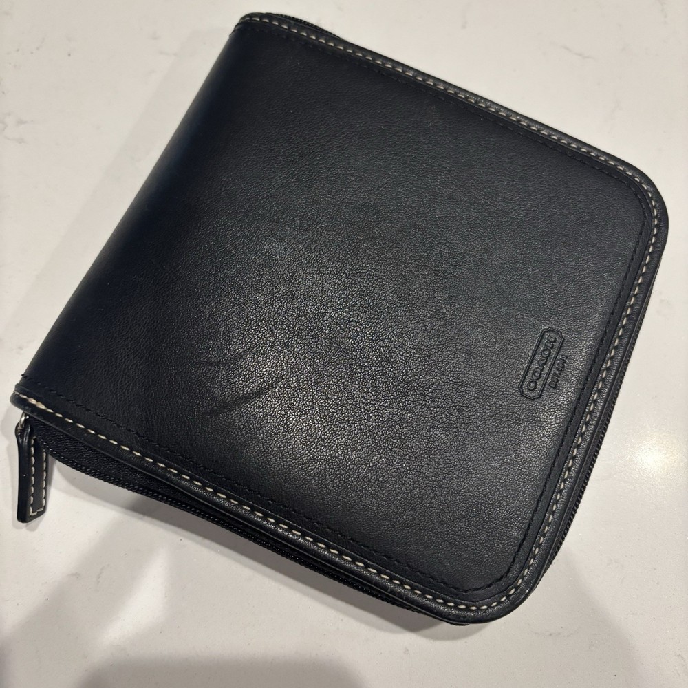 Coach CD DVD Case Holder Black Leather Gold Zipper Storage Accessory Vintage