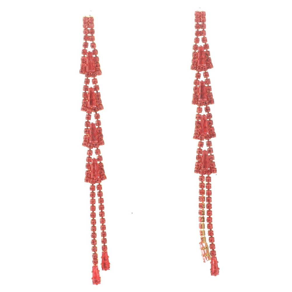Gold Tone Metal Rhinestone Dangle Post Earrings ESE1867-RED
