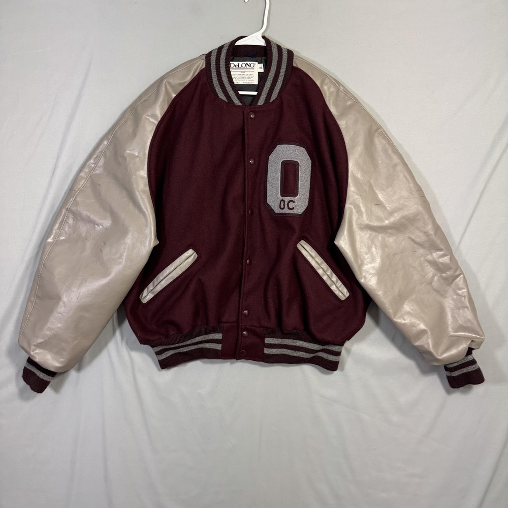 Vintage DeLONG Varsity Jacket Mens 2XL Wool Leather Sleeve OC Patch USA 90s